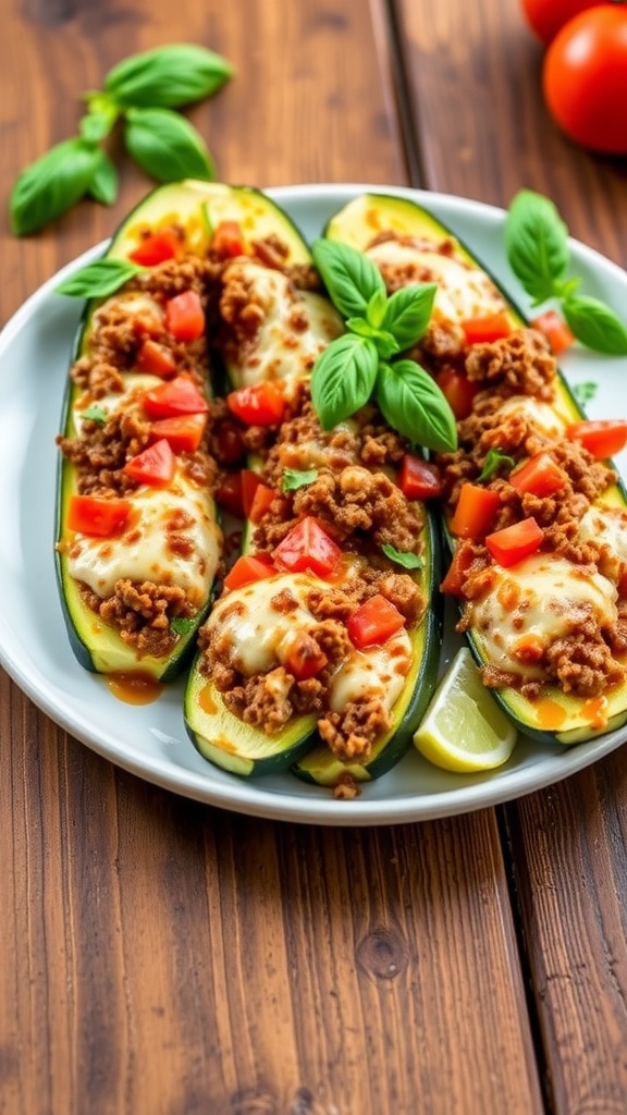 Savory Stuffed Zucchini Boats filled with ground beef and cheese, garnished with basil on a rustic table.